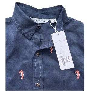 Janie and Jack boys size 6 100% linen button down seahorse embroidered shirt NWT
